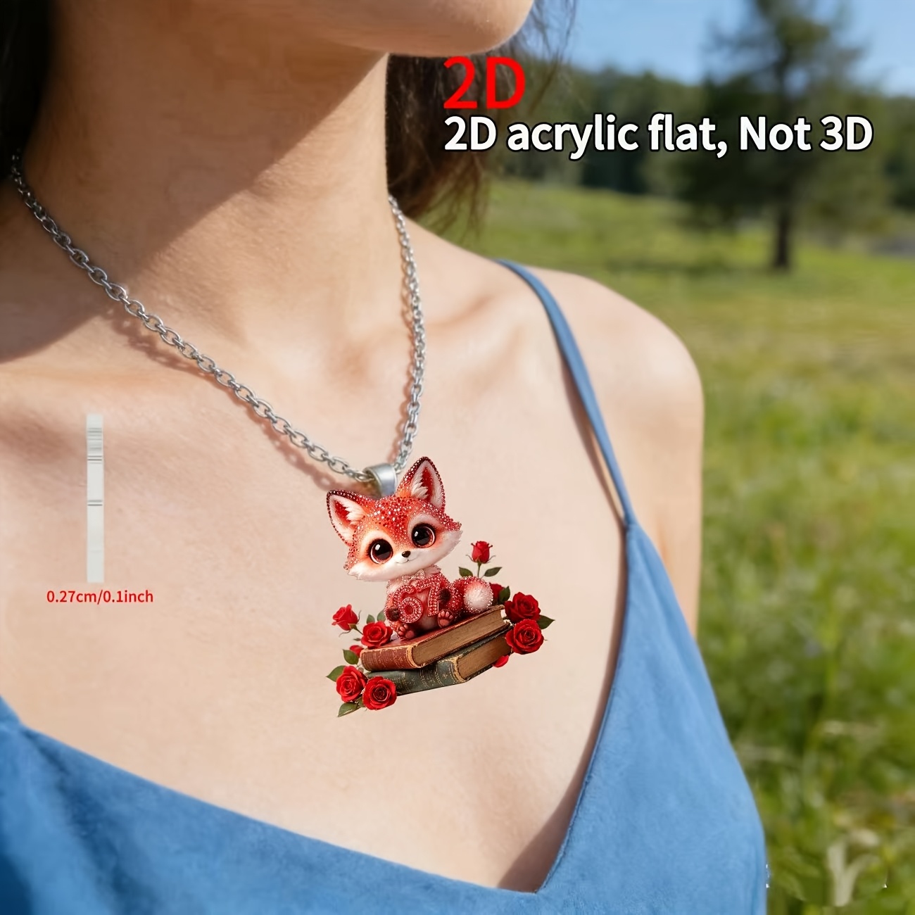 2D Acrylic Red Rose Fox Pendant Necklace, Gift Idea